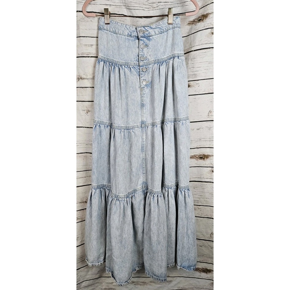 We the Free Denim Maxi Long Tiered Skirt XXS Western Boho Flowy Prairie